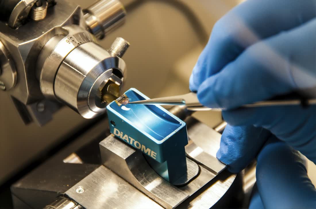 High-resolution photo of a multi-pocket electron beam evaporation source installed in a chamber.